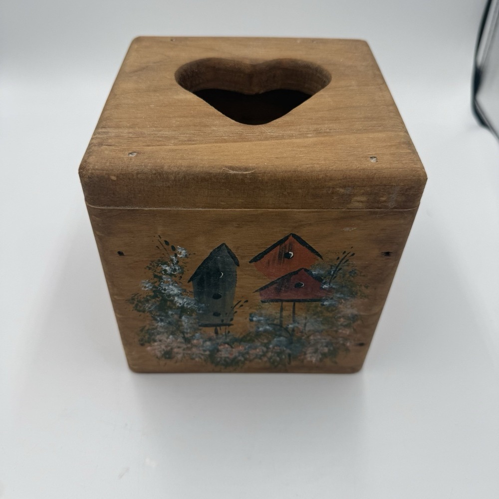 Vintage Hand Painted Wooden Heart Tissue Box Cover Birdhouse Folk Art 6x6